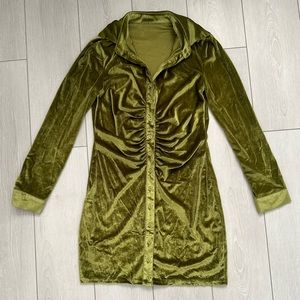 Green velvet long sleeve button down dress